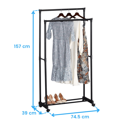 Cabideiro com 2 barras, cabideiro de quarto estilo moderno em preto com estrutura de metal, 75x157x39 cm
