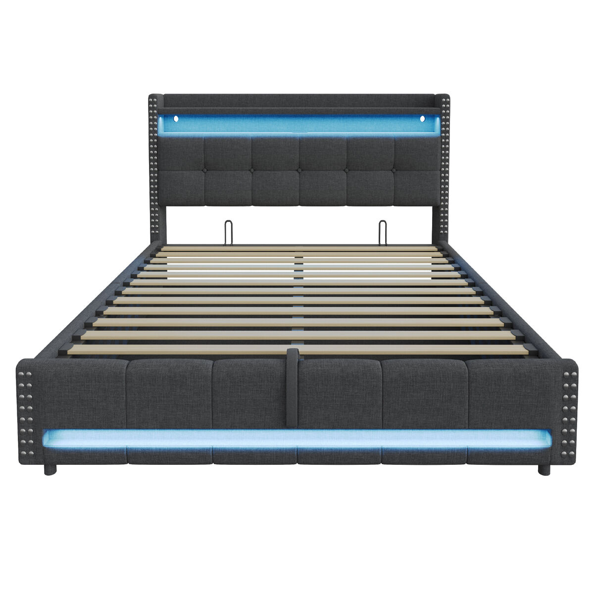 Cama tapizada 180*200 cm - con led y toma usb, cabecero con estantes y almacenamiento, con hidráulico para almacenamiento - gris