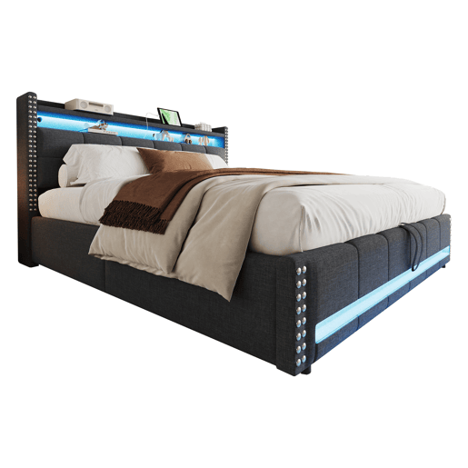 Cama estofada 180*200 cm - Com LED e tomada USB, cabeceira com prateleiras e arrumação, com sistema hidráulico para arrumação - Cinza