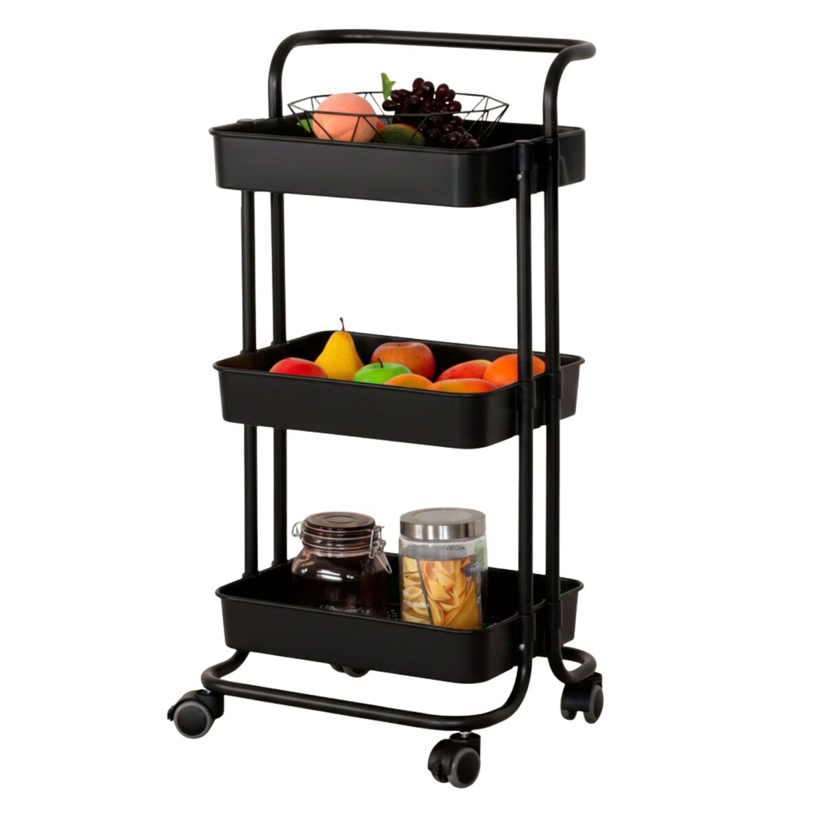 Carrito de cocina frutero auxiliar en metal con estantes para cocina en color negro 42x85x38 cm