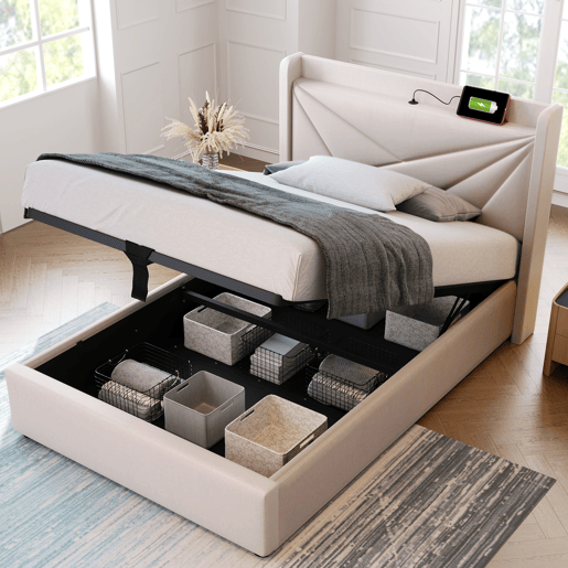 Cama individual 90x200 - armazenamento com USB Tipo C e cabeceira, estrutura em linho, estrado incluído - Cinza