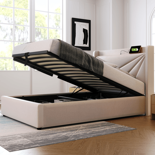 Cama individual 90x200 - armazenamento com USB Tipo C e cabeceira, estrutura em linho, estrado incluído - Cinza