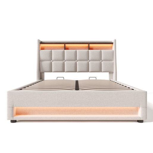 Cama estofada 160x200 cm - Cama de casal com USB, LED e estrutura metálica com estrado - Bege
