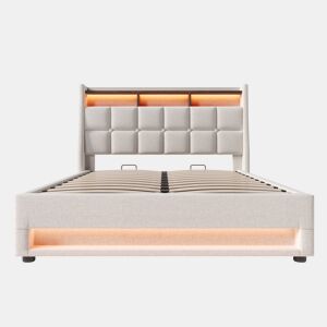 Cama estofada 160x200 cm - Cama de casal com USB, LED e estrutura metálica com estrado - Bege