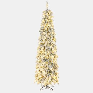 HOMCOM Árvore de Natal Estreita 225 cm Árvore de Natal Nevada com Luzes LED Bicolores Temporizador 11 Modos de Iluminação 800 Ramos Suporte em Aço Montagem Fácil Verde