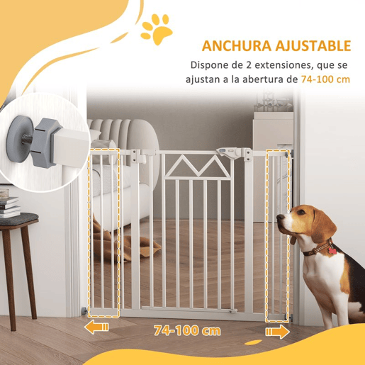 PawHut Barreira de Segurança Extensível Barreira para Animais de Estimação com Fecho Automático e Sistema de Duplo Bloqueio para Porta Corredor Escada 74-100x76 cm Branco