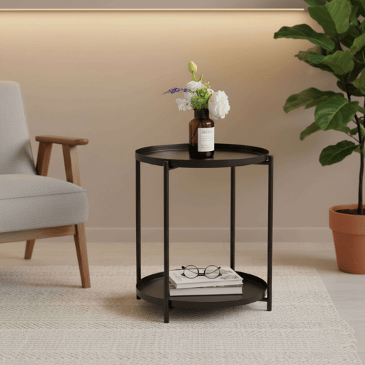 Mesa Lateral em Metal para Sala de Estar em Cor Neutra com Estrutura em Metal e Superfície em Melamina 42x52x42 cm