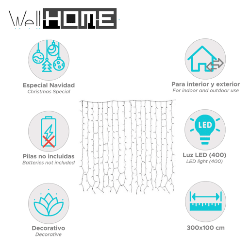 Well Home Curtain Lights com 400 luzes LED brancas quentes 100x300cm
