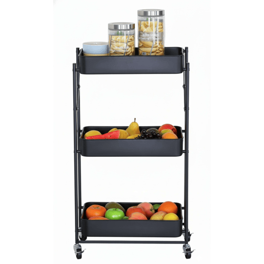 Carrinho de frutas dobrável para cozinha Lida em carvalho preto Cambriano com 3 prateleiras e 3 cestos de metal 45x77x29 cm