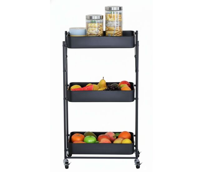 Carrito auxiliar frutero de cocina plegable lida roble cambrian negro con 3 baldas y 3 cestos metal 45x77x29 cm