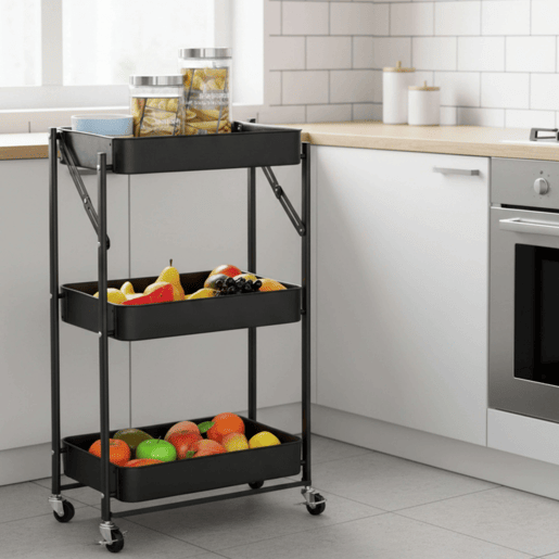 Carrinho de frutas dobrável para cozinha Lida em carvalho preto Cambriano com 3 prateleiras e 3 cestos de metal 45x77x29 cm