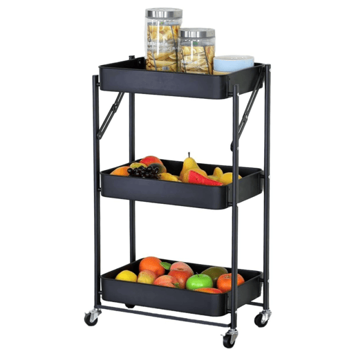 Carrinho de frutas dobrável para cozinha Lida em carvalho preto Cambriano com 3 prateleiras e 3 cestos de metal 45x77x29 cm