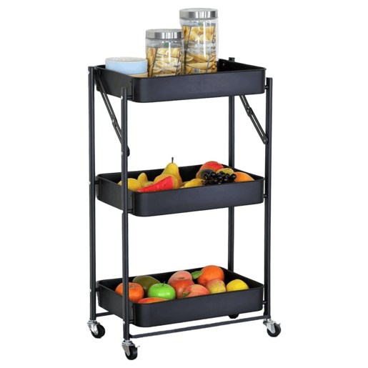 Carrinho de frutas dobrável para cozinha Lida em carvalho preto Cambriano com 3 prateleiras e 3 cestos de metal 45x77x29 cm