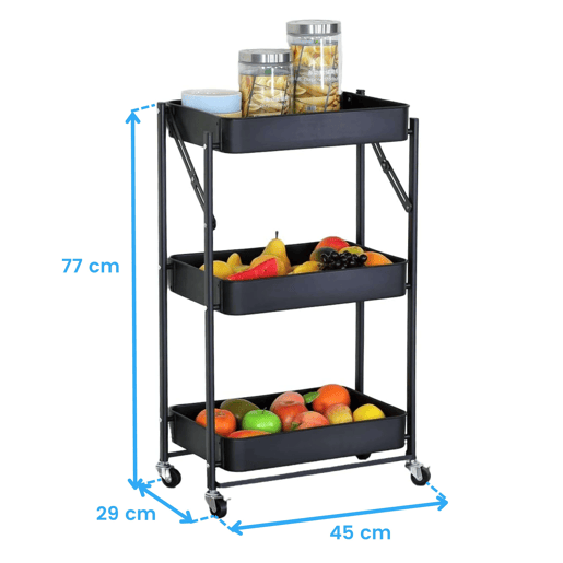 Carrinho de frutas dobrável para cozinha Lida em carvalho preto Cambriano com 3 prateleiras e 3 cestos de metal 45x77x29 cm