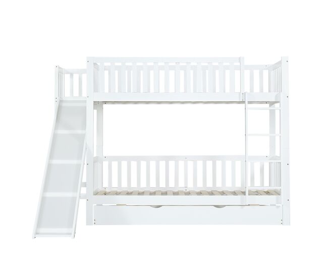 Litera con cama extra 90x200/190cm - con protección, tobogán, estantes, escalera recta de 4 escalones - blanco