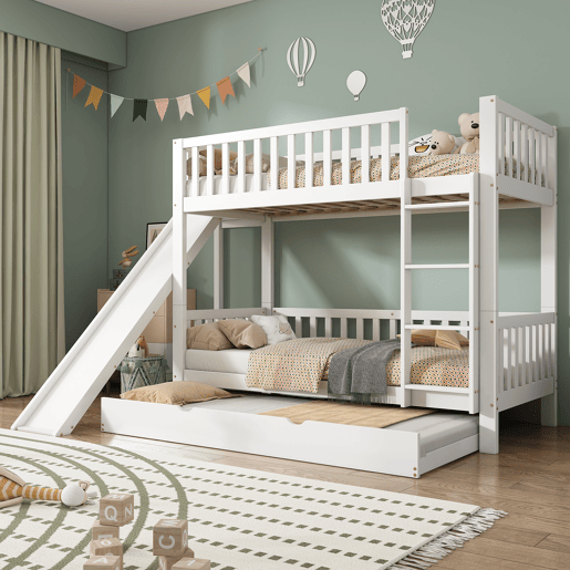 Beliche com cama extra 90x200190 cm - com proteção, escorregador, prateleiras, escada reta de 4 degraus - Branco