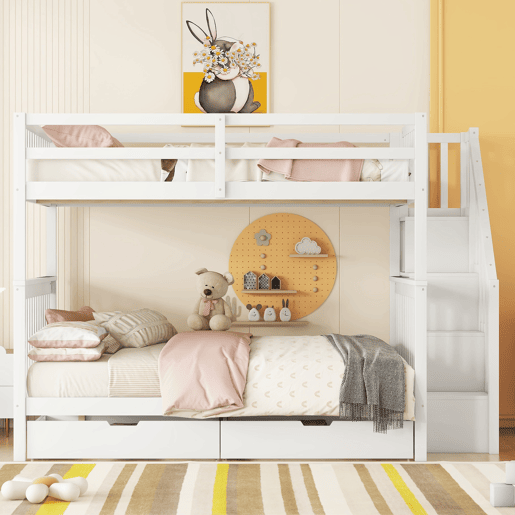 Litera 140x200 cm - Estante em escada, com duas gavetas, grades altas, certificação EN747-1 - Branco