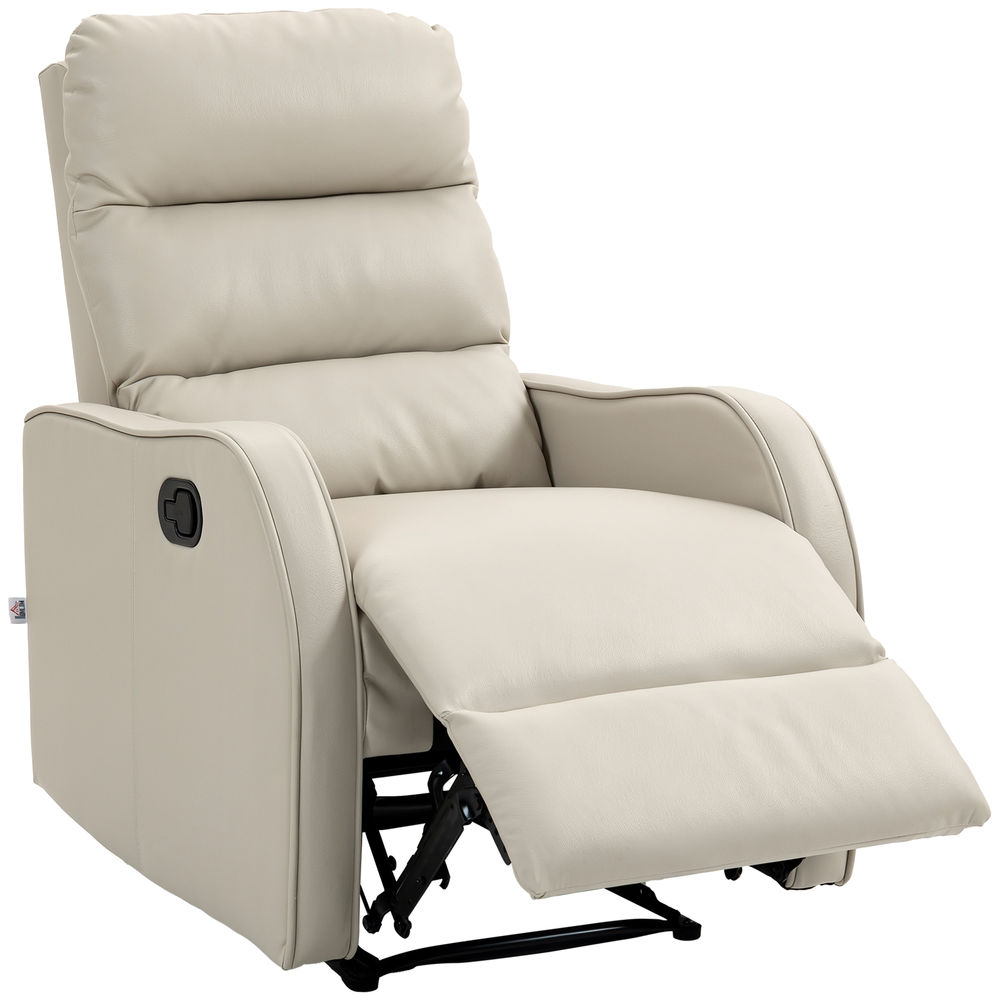 Homcom sillón relax reclinable manual, sillón relax tapizado en pu con reposapiés retráctil, acolchado grueso, butaca reclinable hasta 160º, para salón, dormitorio, crema, 65x89x100 cm