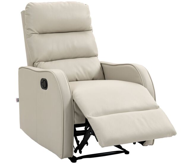 Homcom sillón relax reclinable manual, sillón relax tapizado en pu con reposapiés retráctil, acolchado grueso, butaca reclinable hasta 160º, para salón, dormitorio, crema, 65x89x100 cm