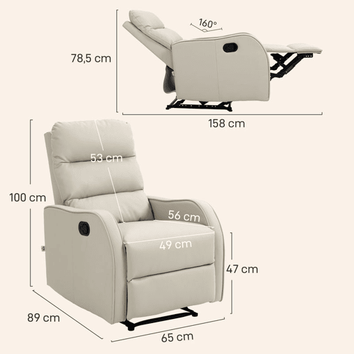 HOMCOM Poltrona Relax Reclinável Manual, Poltrona Estofada em PU com Apoio de Pés Retrátil, Almofadada, Reclinável até 160º, para Sala, Quarto, Creme, 65x89x100 cm