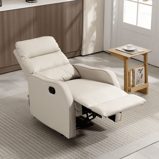 HOMCOM Poltrona Relax Reclinável Manual, Poltrona Estofada em PU com Apoio de Pés Retrátil, Almofadada, Reclinável até 160º, para Sala, Quarto, Creme, 65x89x100 cm