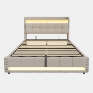Cama estofada 180*200 cm - com LED e porta USB, cabeceira com prateleiras e arrumação, hidráulica para arrumação - Bege