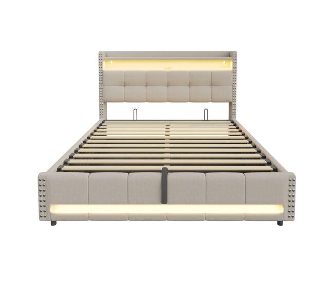 Cama tapizada 180*200 cm - con led y puerto usb, cabecero con estantes y almacenamiento, hidráulica para almacenamiento - beige