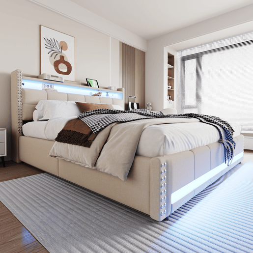 Cama estofada 180*200 cm - com LED e porta USB, cabeceira com prateleiras e arrumação, hidráulica para arrumação - Bege