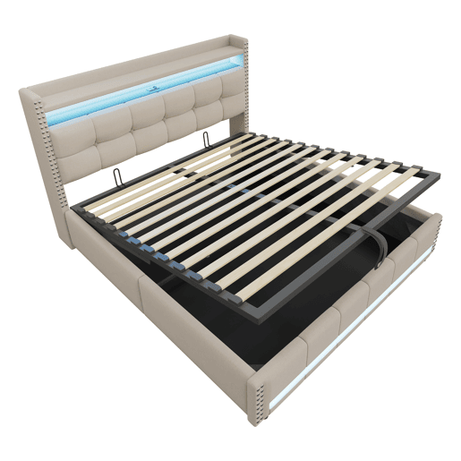 Cama estofada 180*200 cm - com LED e porta USB, cabeceira com prateleiras e arrumação, hidráulica para arrumação - Bege