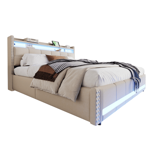 Cama estofada 180*200 cm - com LED e porta USB, cabeceira com prateleiras e arrumação, hidráulica para arrumação - Bege