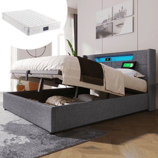 Cama estofada 160x200 - com função de carregamento USB Tipo C e iluminação LED - Bege