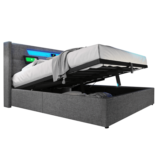Cama estofada 160x200 - com função de carregamento USB Tipo C e iluminação LED - Bege