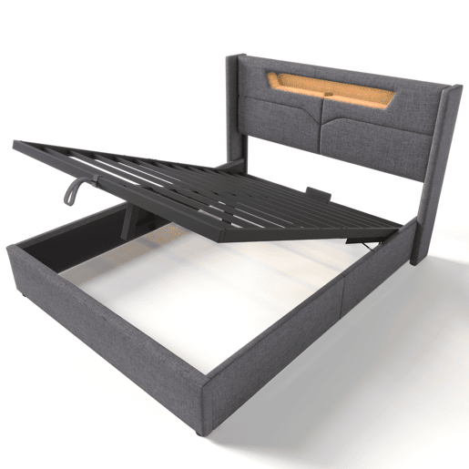 Cama estofada 160x200 - com função de carregamento USB Tipo C e iluminação LED - Bege