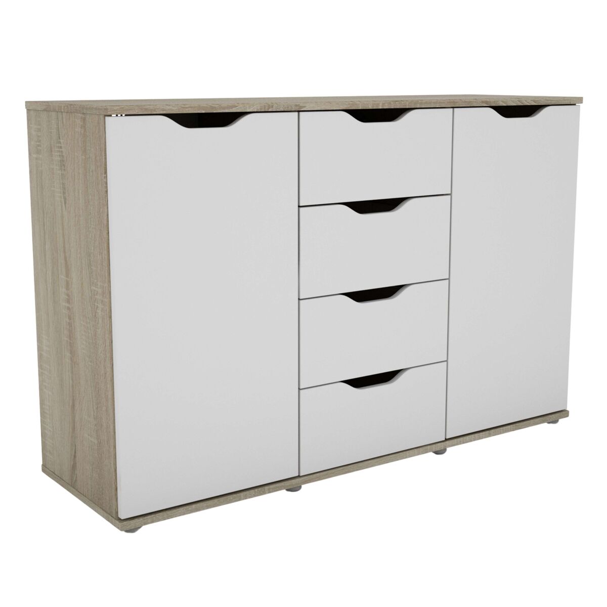 Aparador, buffet moderno, armario auxiliar 2 puertas, 4 cajones salón parc roble sonoma y blanco mate 120x79x38 cm