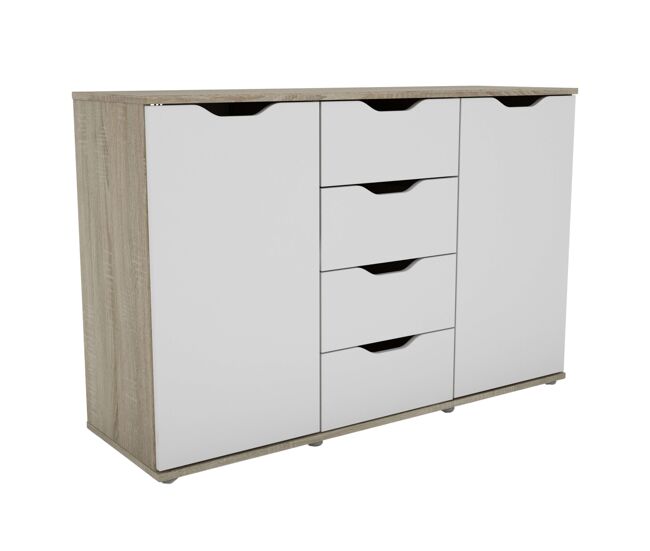 Aparador, buffet moderno, armario auxiliar 2 puertas, 4 cajones salón parc roble sonoma y blanco mate 120x79x38 cm