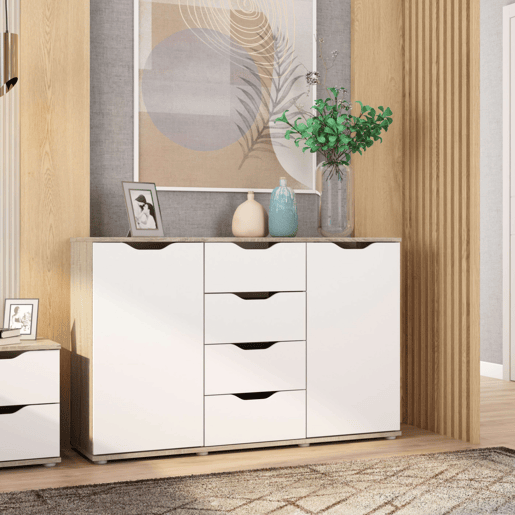 Aparador, Buffet Moderno, Armário Auxiliar 2 Portas, 4 Gavetas Sala Parc Sonoma Carvalho e Branco Fosco 120x79x38 cm