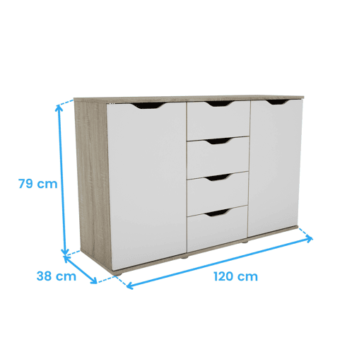 Aparador, Buffet Moderno, Armário Auxiliar 2 Portas, 4 Gavetas Sala Parc Sonoma Carvalho e Branco Fosco 120x79x38 cm