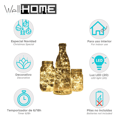 Luzes de corda Silverwire Well Home com 20 micro LEDs brancos quentes e temporizador