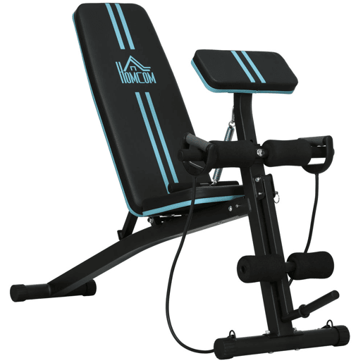 HOMCOM Banco de Musculação com Encosto Ajustável em 7 Posições Extensão de Pernas Apoio para Bíceps e Banda de Resistência para Treino Completo em Casa 54x160x106cm Preto e Azul