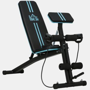 HOMCOM Banco de Musculação com Encosto Ajustável em 7 Posições Extensão de Pernas Apoio para Bíceps e Banda de Resistência para Treino Completo em Casa 54x160x106cm Preto e Azul