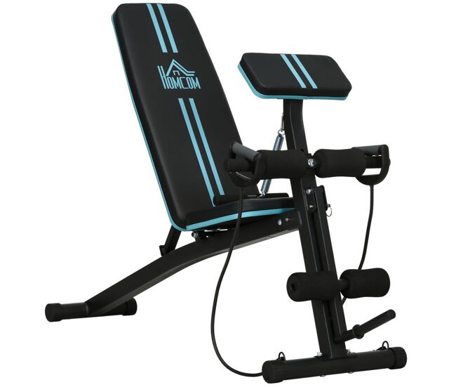 Homcom banco de musculación plegable, banco de pesas, respaldo inclinable 7 niveles, extensión de pierna, cojín de predicador, banda de resistencia, carga 300 kg, entrenamiento casa gimnasio, azul