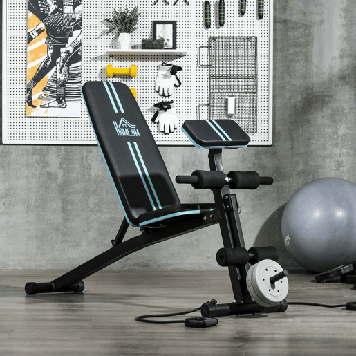 HOMCOM Banco de Musculação com Encosto Ajustável em 7 Posições Extensão de Pernas Apoio para Bíceps e Banda de Resistência para Treino Completo em Casa 54x160x106cm Preto e Azul