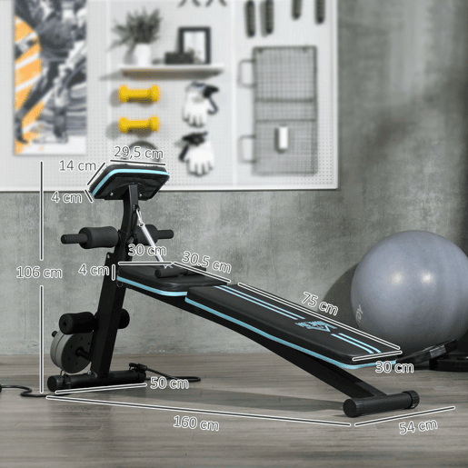 HOMCOM Banco de Musculação com Encosto Ajustável em 7 Posições Extensão de Pernas Apoio para Bíceps e Banda de Resistência para Treino Completo em Casa 54x160x106cm Preto e Azul
