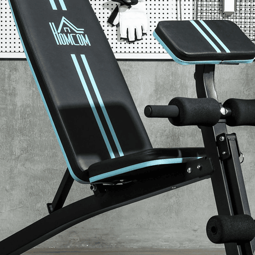 HOMCOM Banco de Musculação com Encosto Ajustável em 7 Posições Extensão de Pernas Apoio para Bíceps e Banda de Resistência para Treino Completo em Casa 54x160x106cm Preto e Azul