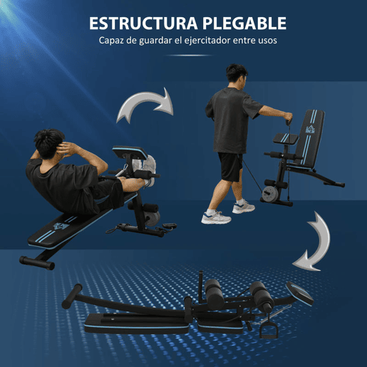 HOMCOM Banco de Musculação com Encosto Ajustável em 7 Posições Extensão de Pernas Apoio para Bíceps e Banda de Resistência para Treino Completo em Casa 54x160x106cm Preto e Azul