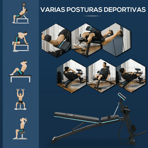 HOMCOM Banco de Musculação com Encosto Ajustável em 7 Posições Extensão de Pernas Apoio para Bíceps e Banda de Resistência para Treino Completo em Casa 54x160x106cm Preto e Azul