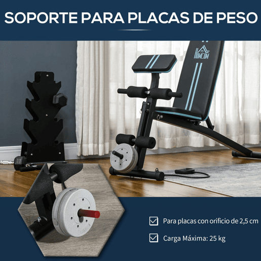 HOMCOM Banco de Musculação com Encosto Ajustável em 7 Posições Extensão de Pernas Apoio para Bíceps e Banda de Resistência para Treino Completo em Casa 54x160x106cm Preto e Azul