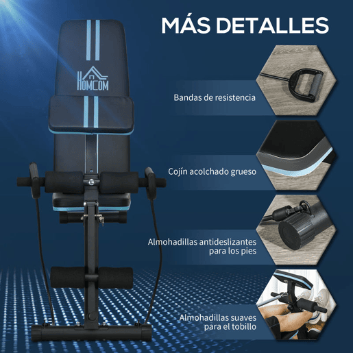 HOMCOM Banco de Musculação com Encosto Ajustável em 7 Posições Extensão de Pernas Apoio para Bíceps e Banda de Resistência para Treino Completo em Casa 54x160x106cm Preto e Azul