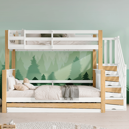 Beliche + cama extra 90x200&120x200 - com proteção anti-queda, grade, três posições de cama, escada de canto, design especial da porta - Branco+Natural