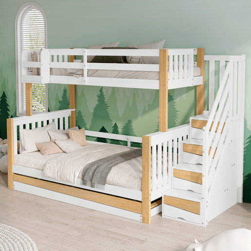 Beliche + cama extra 90x200&120x200 - com proteção anti-queda, grade, três posições de cama, escada de canto, design especial da porta - Branco+Natural